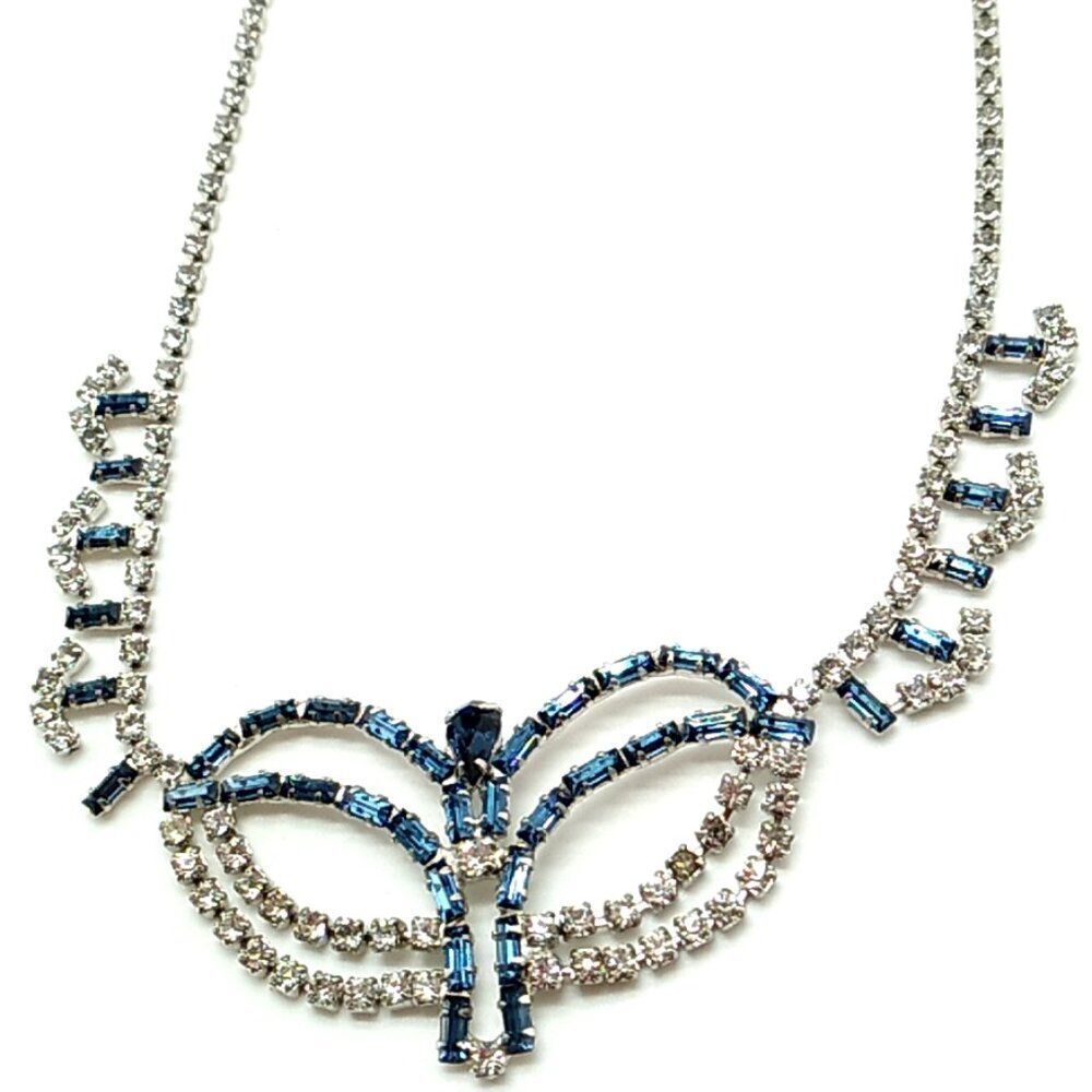 VINTAGE Sapphire Blue & Clear Rhinestone Choker in Silver-tone Necklace 15"